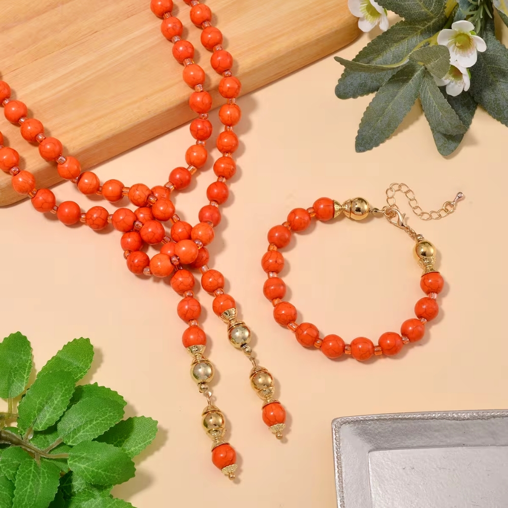 Elegant Orange Howlite And Glass Beaded Necklace and Bracelet Set